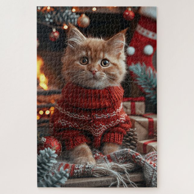 Turkish Angora Cat With Christmas Gifts Fireplace  Jigsaw Puzzle (Vertical)