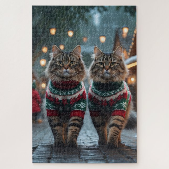 Turkish Angora Cats Christmas Snow Holiday Jigsaw Puzzle (Vertical)