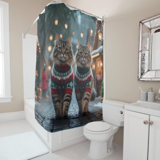 Turkish Angora Cats Christmas Snow Holiday Shower Curtain (In Situ)
