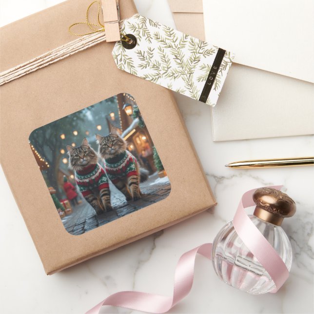 Turkish Angora Cats Christmas Snow Holiday Square Sticker (Gifting)