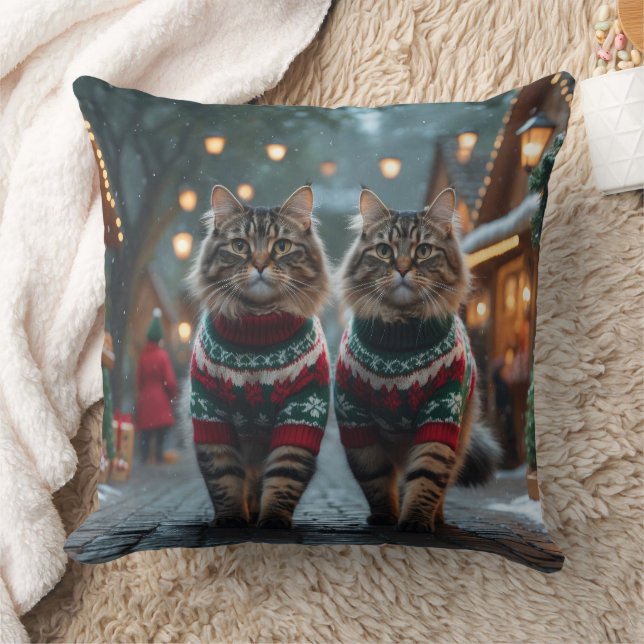 Turkish Angora Cats Christmas Snow Holiday Throw Pillow (Blanket)