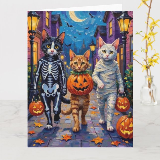 Turkish Angora Cats In Halloween Costumes Card (Yellow Flower)