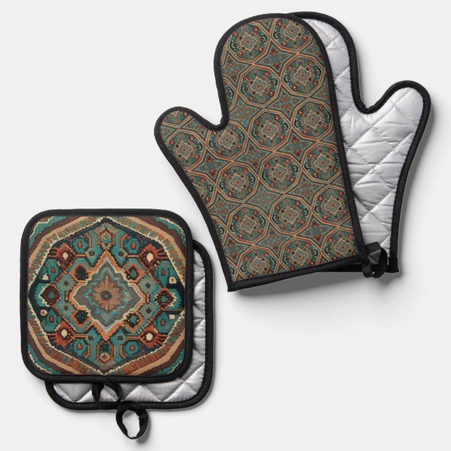 Turkish Beautiful Old Pattern Modern Collection Oven Mitt & Pot Holder Set (Front/Back)