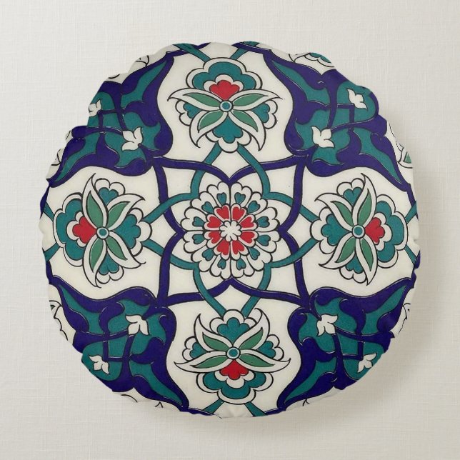 Turkish Blue  Ceramic Floral Round Pillow (Front)