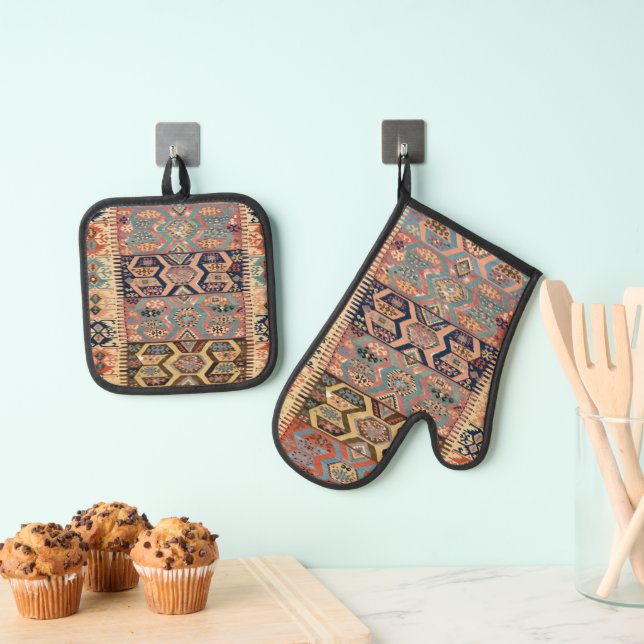 Turkish Carpet Rug Antique Kilim Oven Mitt & Pot Holder Set (Insitu(Hanging))
