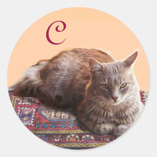 TURKISH CAT ON THE OLD CARPET MONOGRAM CLASSIC ROUND STICKER