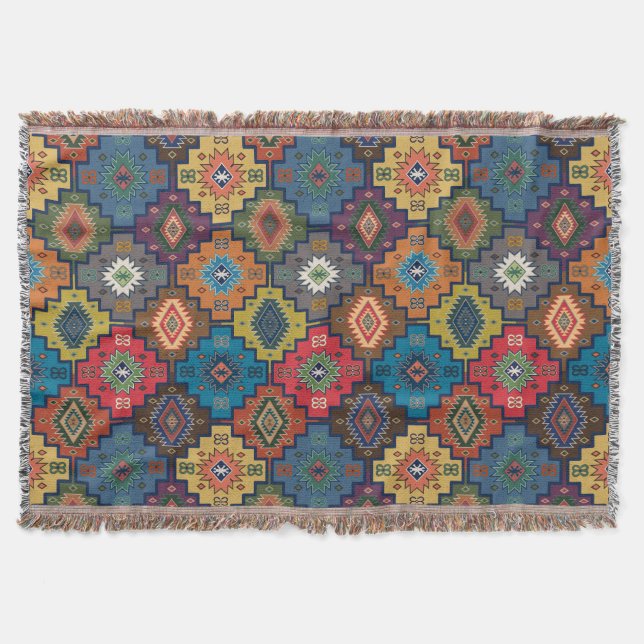 Turkish Colorful Ethnic Motif Pattern  Throw Blanket (Front)