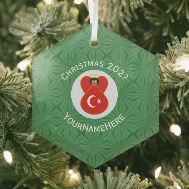 Turkish Flag Christmas Angel Name Year Hexagon Glass Ornament (Insitu)