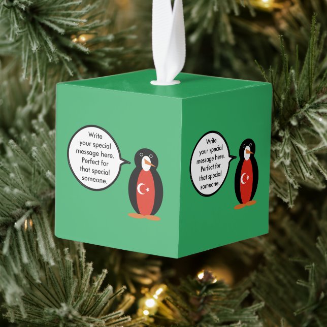 Turkish Flag Talking Ms. Penguin Personalized  Cube Ornament (Tree)