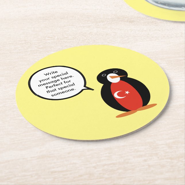 Turkish Flag Talking Ms. Penguin Personalized  Round Paper Coaster (Angled)