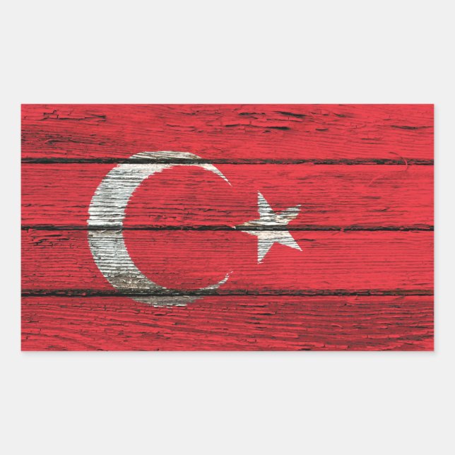 Turkish Flag with Rough Wood Grain Effect Rectangular Sticker (Front)