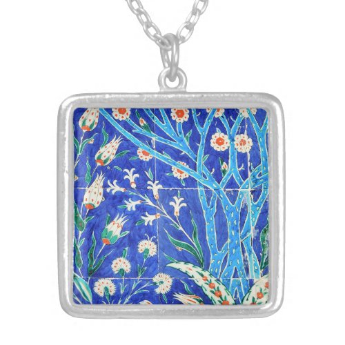 Turkish floral tiles silver plated necklace