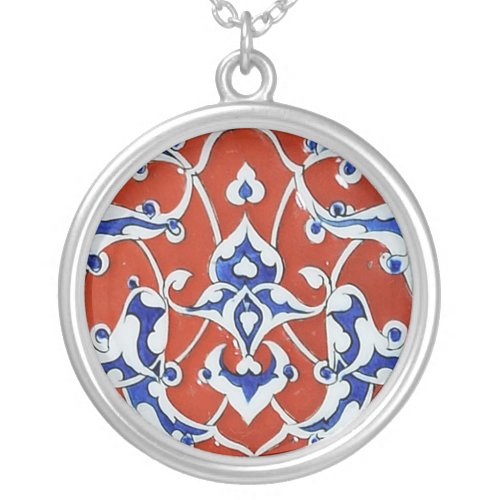 Turkish floral tiles silver plated necklace