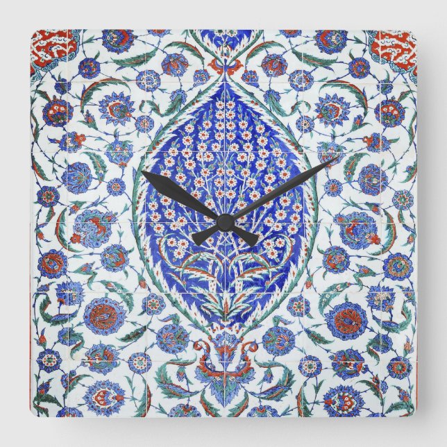 Turkish floral tiles square wall clock (Front)