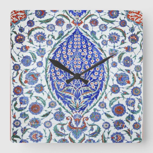 Turkish floral tiles square wall clock