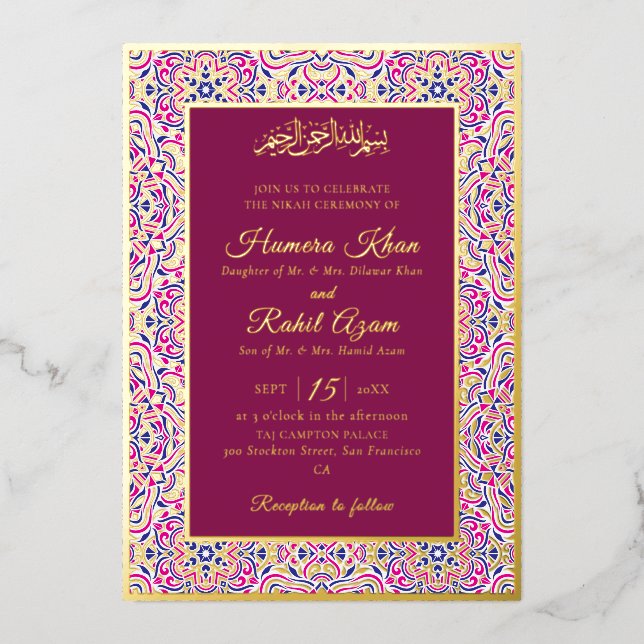 Turkish Geometric Motif Pattern Islamic Wedding Foil Invitation (Front)