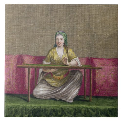 Turkish Girl embroidering 18th century engravin Ceramic Tile