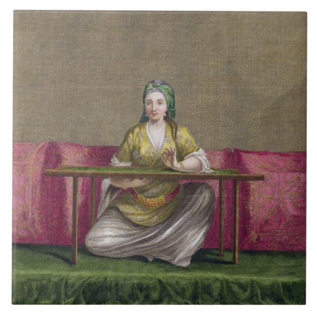 Turkish Girl, embroidering, 18th century (engravin Ceramic Tile (Front)