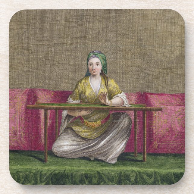 Turkish Girl, embroidering, 18th century (engravin Drink Coaster (Front)
