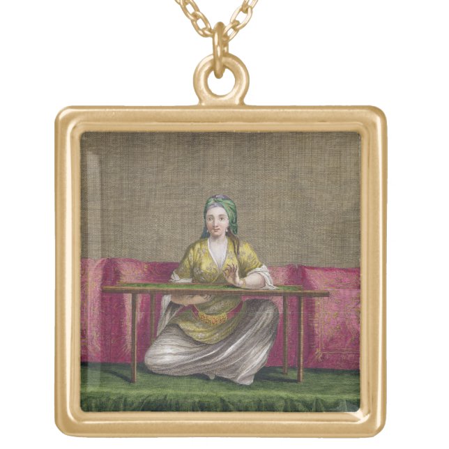 Turkish Girl, embroidering, 18th century (engravin Gold Plated Necklace (Front)