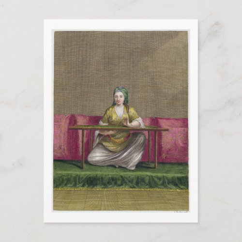 Turkish Girl embroidering 18th century engravin Postcard