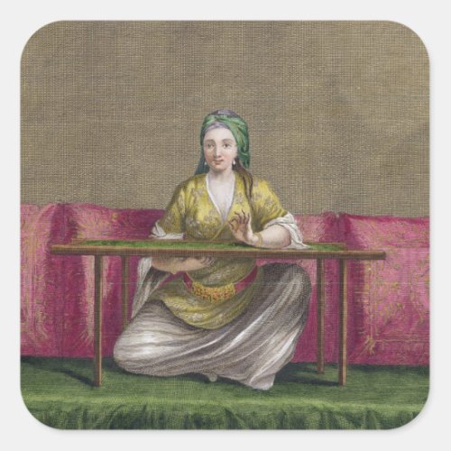 Turkish Girl embroidering 18th century engravin Square Sticker