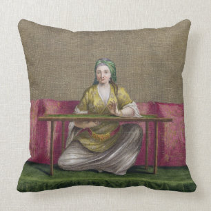 Turkish Girl, embroidering, 18th century (engravin Throw Pillow