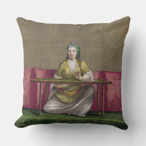 Turkish Girl embroidering 18th century engravin Throw Pillow
