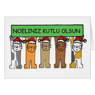Turkish Happy Christmas Cartoon Cats in Santa Hats Cards