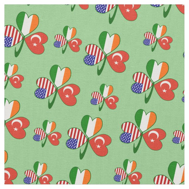 Turkish Irish American Flags Shamrock Personalized Fabric (Close Up)