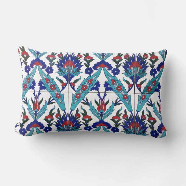 Turkish Iznik Floral Pattern Lumbar Pillow (Front)