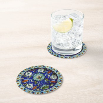 Turkish Iznik Floral Pattern Round Paper Coaster by wheresmymojo at Zazzle