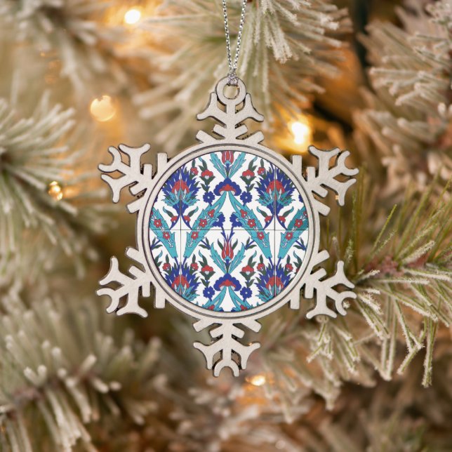 Turkish Iznik Floral Pattern Snowflake Pewter Christmas Ornament (Tree)