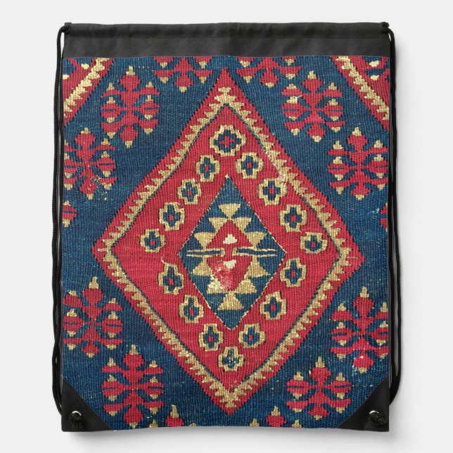 Turkish Kilim Carpet Rug Antique Red Blue  Drawstring Bag (Front)