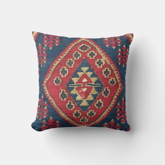 Turkish Kilim Carpet Rug Antique Red Blue Throw Pillow (Front)