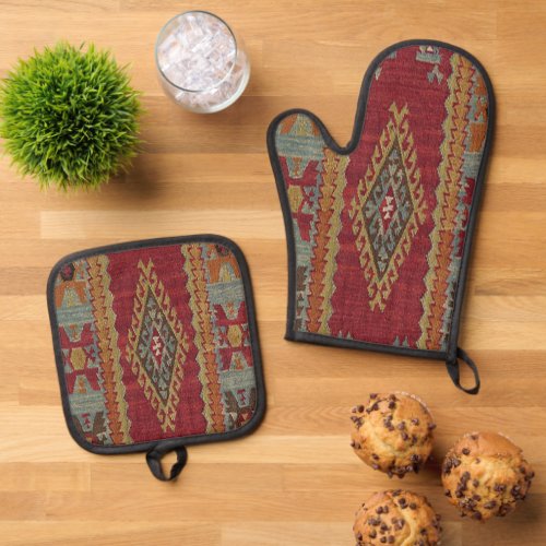 Turkish Kilim Carpet Rug Oven Mitt  Pot Holder Set