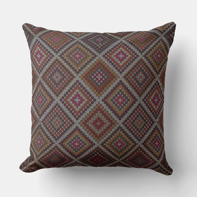 Turkish Kilim Colorful Tribal Mosaic Throw Pillow (Front)
