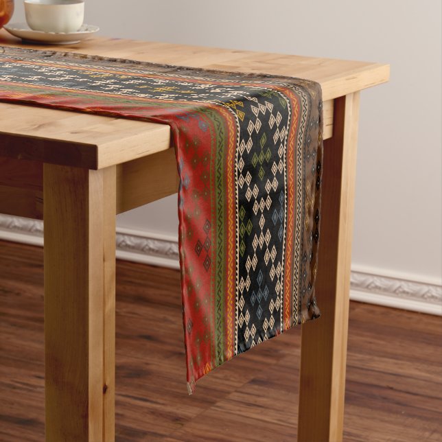 Turkish Kilim Pattern Colorful Tribal Short Table Runner (In Situ)