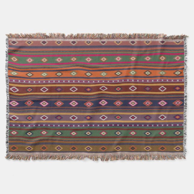Turkish Kilim Pattern Colorful Tribal Throw Blanket (Front)