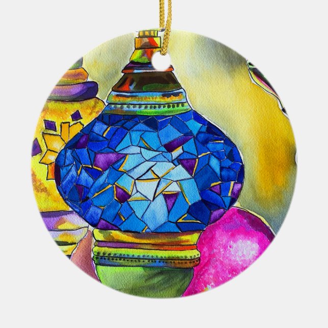 Turkish lamps mosaic watercolor fine art ceramic ornament (Front)
