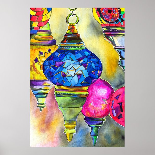 Turkish lamps mosaic watercolor fine art poster (Front)