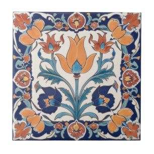Turkish Ornate Floral Blue Orange Green Flowers Ceramic Tile