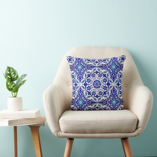 Turkish Ottoman Blue White Tile Motif Decoration Throw Pillow