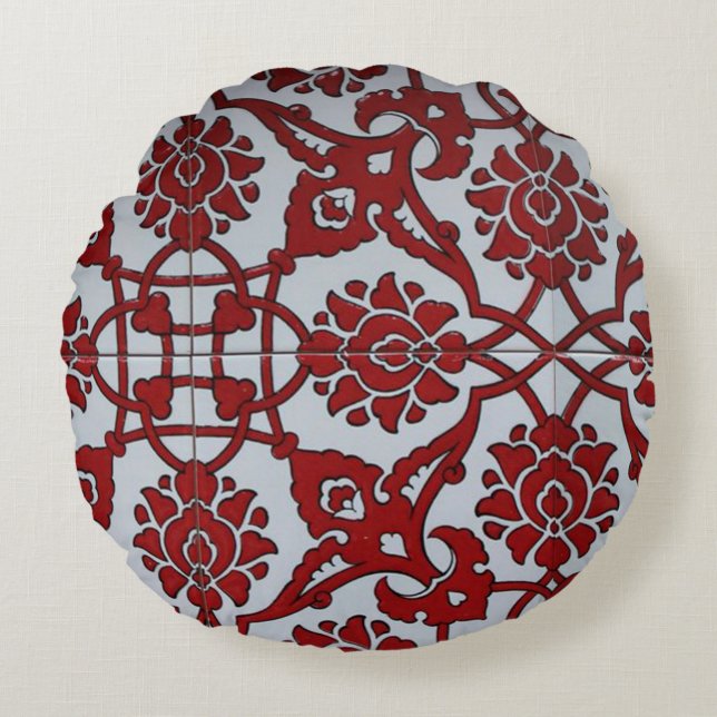 Turkish Red Ceramic Floral Round Pillow (Front)