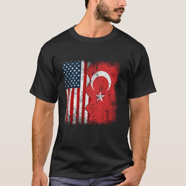 Turkish Roots Half American Flag America Turkey Fl T-Shirt (Front)