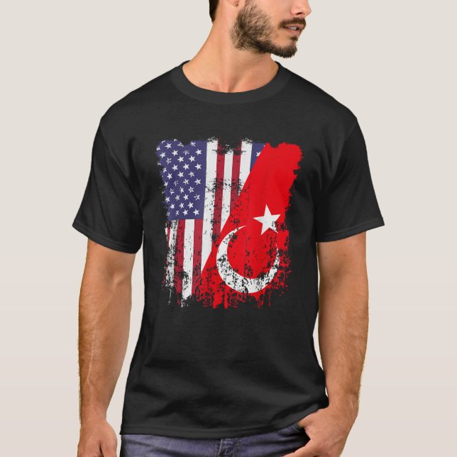 Turkish Roots Half American Flag Turkey Flag  T-Shirt (Front)