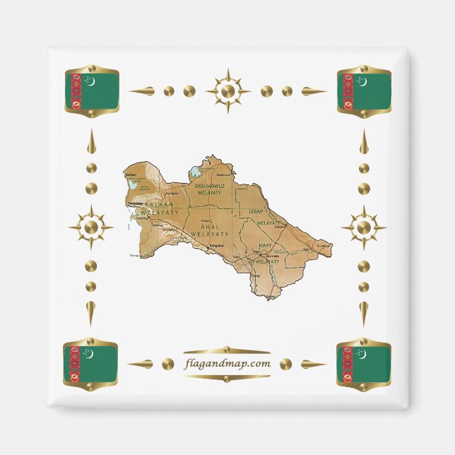 Turkmenistan Map + Flags Magnet (Front)