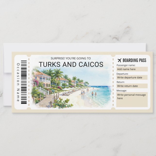 Turks and Caicos Trip Boarding Pass Ticket Invitation (Front)