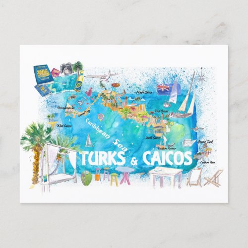 Turks  Caicos Antilles Illustrated Travel Map  Postcard