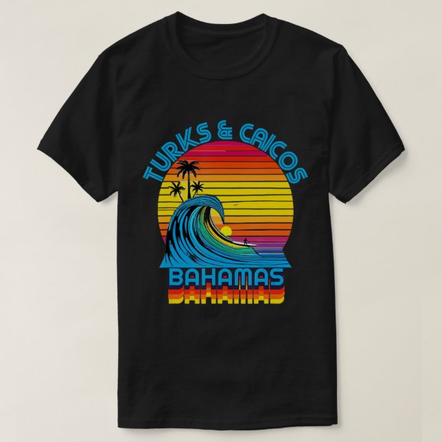 Turks & Caicos Bahamas Retro Throwback Surf & Beac T-Shirt (Design Front)
